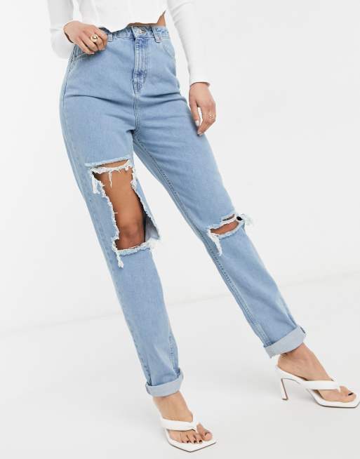 ASOS DESIGN Tall - Mom jeans a vita alta original lavaggio blu medio con strappi, 4 di 4