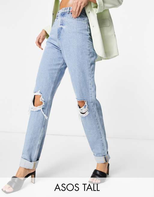 ASOS DESIGN Tall - Mom jeans extra larghi a vita alta lavaggio chiaro con strappi