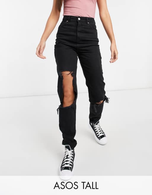 ASOS DESIGN Tall - Mom jeans original a vita alta con strappi vistosi nero pulito