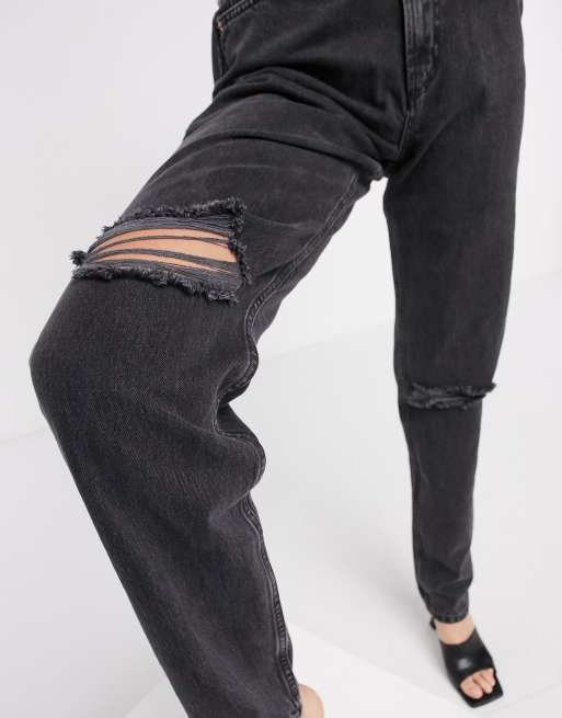 ASOS DESIGN Tall - Mom jeans vita alta larghi nero slavato con strappi, 4 di 4