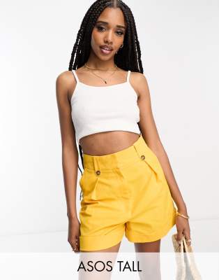 ASOS DESIGN Tall - Mom-Shorts aus Leinen in Zitronengelb mit Laschen am Bund-Orange