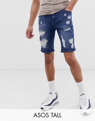 ASOS DESIGN Tall – Mörkblå jeansshorts med extra smal passform och slitna detaljer