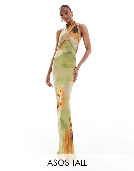 ASOS DESIGN Tall - Mouwloze maxi jurk van mesh met overslag aan de voorkant en bloemenprint in groen en oranje