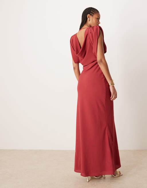 ASOS DESIGN Tall - Mørkerød midaxi-kjole i satin med vandfaldsudskæring, 2 af 4