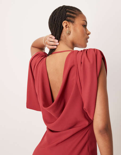 ASOS DESIGN Tall - Mørkerød midaxi-kjole i satin med vandfaldsudskæring, 4 af 4