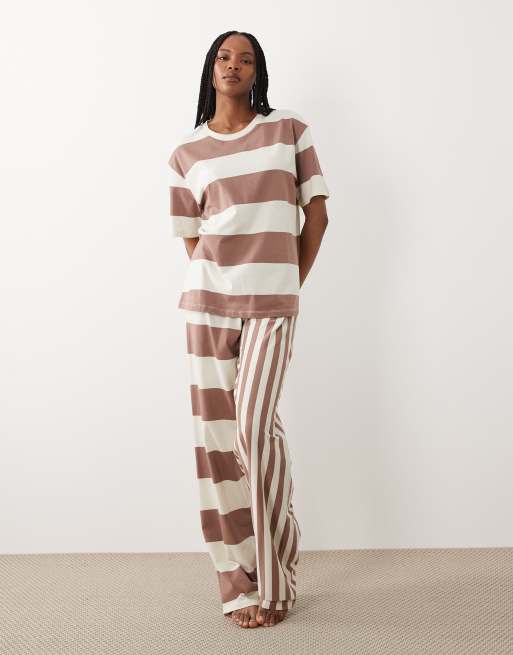 ASOS DESIGN Tall multiway stripe oversized short sleeve tee and wide leg pants pyjama set in cream & brown, 3 of 4