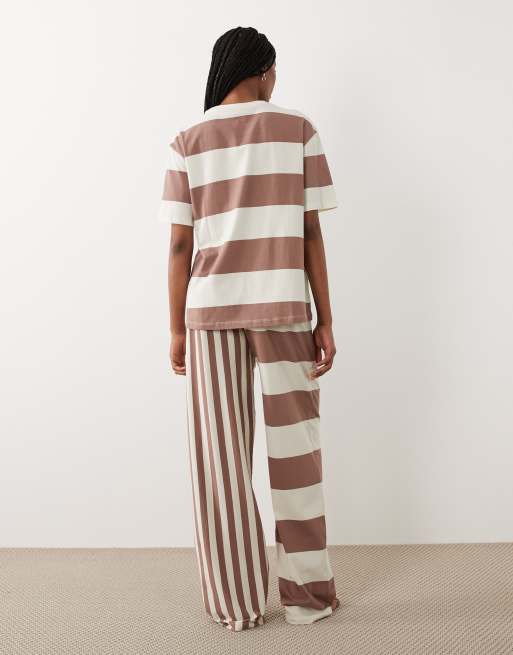 ASOS DESIGN Tall multiway stripe oversized short sleeve tee and wide leg pants pyjama set in cream & brown, 4 of 4