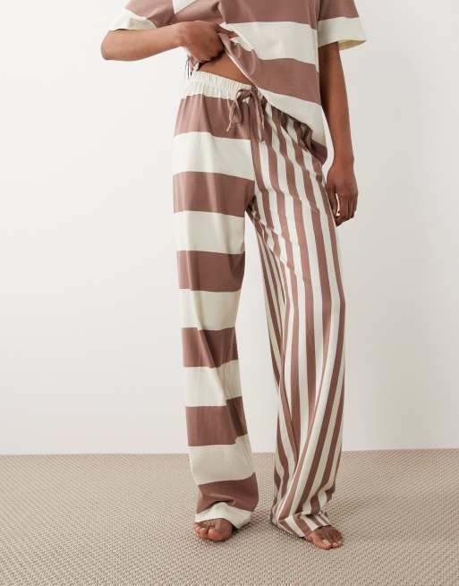 ASOS DESIGN Tall multiway stripe oversized short sleeve tee and wide leg trouser pyjama set in cream & brown, 2 of 4