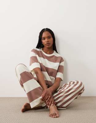 Asos Tall Asos Design Tall Multiway Striped Oversized Short Sleeve Tee And Wide Leg Pants Pajama Set In Brown