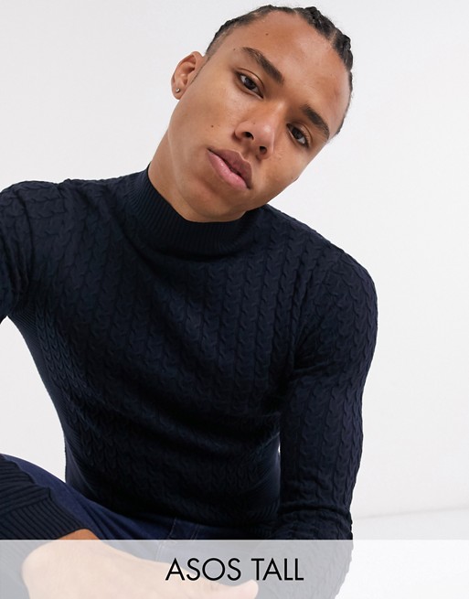 ASOS DESIGN Tall muscle fit lightweight cable jumper in navy