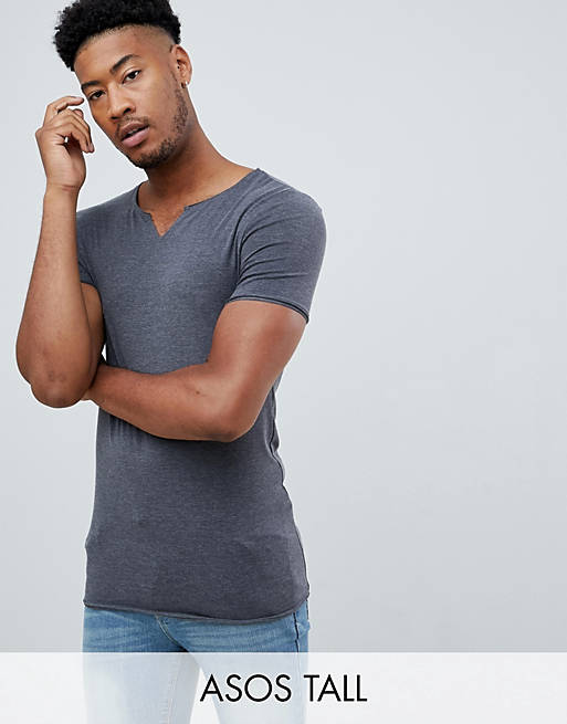 ASOS DESIGN Tall muscle fit raw notch neck t-shirt in grey | ASOS