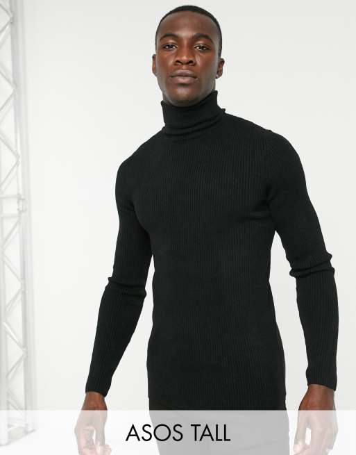 ASOS DESIGN Tall Muscle Fit Ribbed Roll Neck Sweater In Black | ASOS