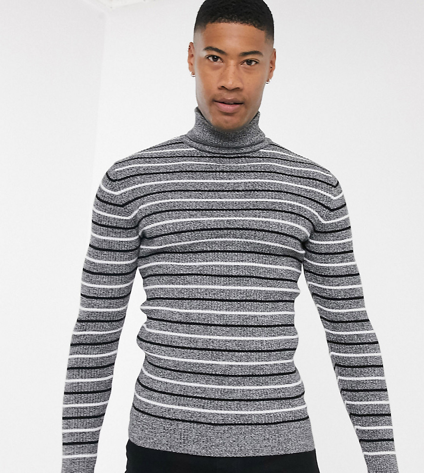 ASOS DESIGN Tall muscle fit roll neck jumper with stripe in black and white twist