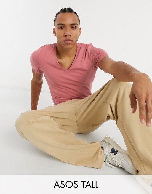 ASOS DESIGN Tall muscle fit t-shirt with deep v neck in dusty pink
