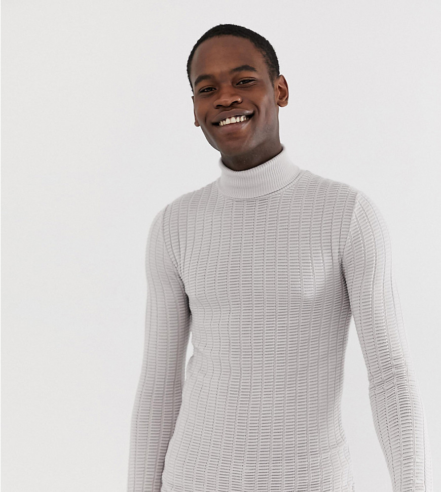 ASOS DESIGN Tall muscle fit textured roll neck jumper in light grey