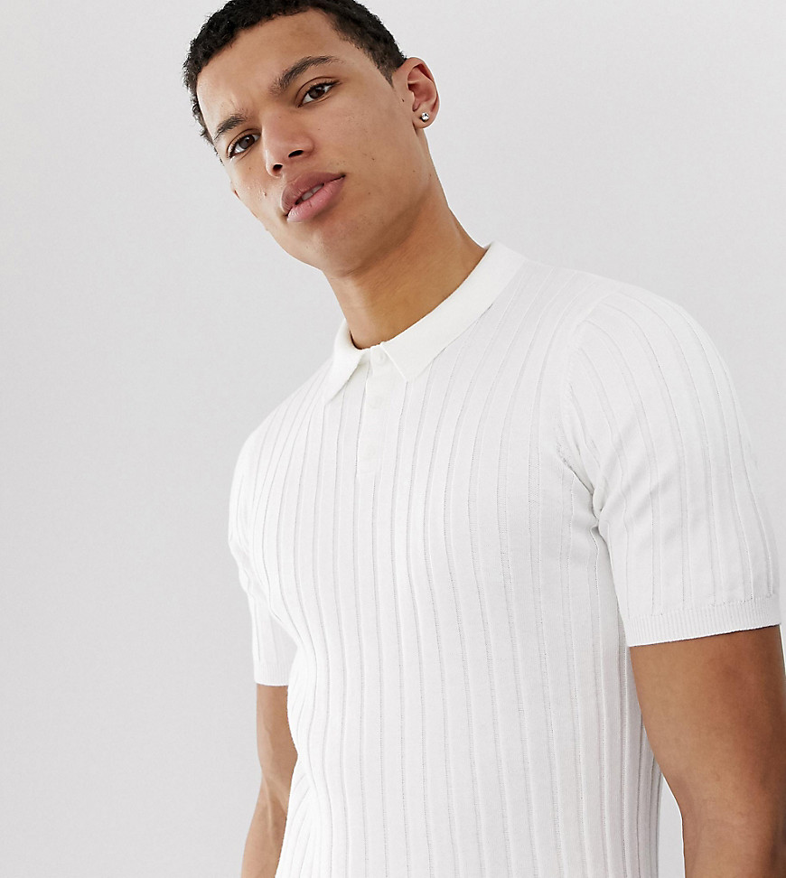 ASOS DESIGN Tall - Muscle fit tricot poloshirt met ribbels in wit