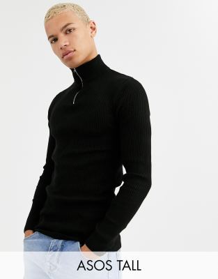 ASOS DESIGN Tall muscle fit ribbed half zip jumper in black Black