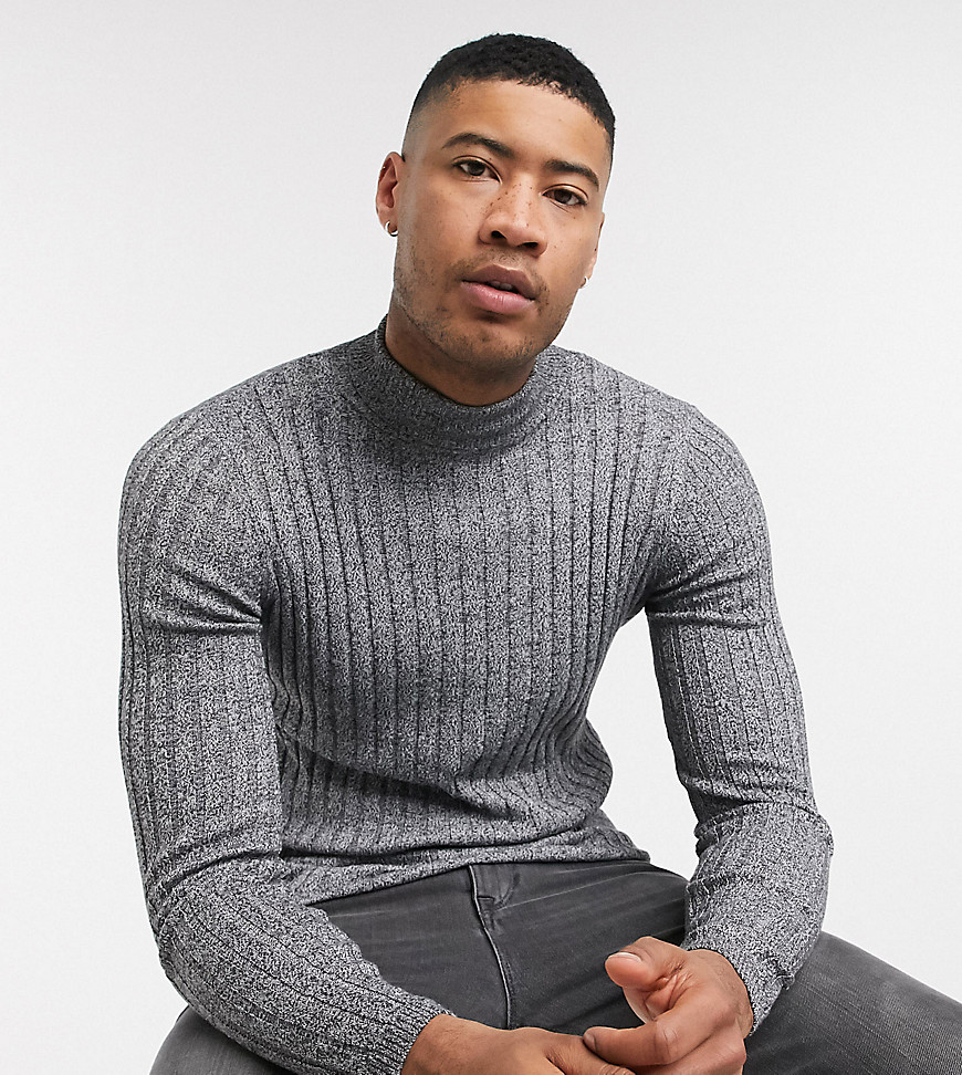 ASOS DESIGN Tall muscle fit wide rib roll neck jumper in black and white twist-Grey