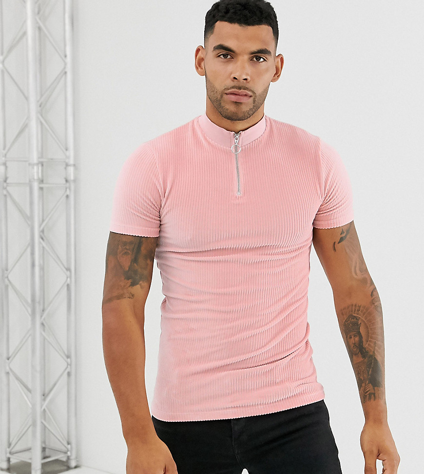 ASOS DESIGN Tall muscle t-shirt and zip neck in ribbed velour-Pink