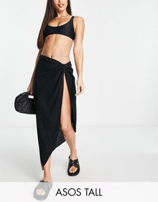ASOS DESIGN Tall natural asymmetric beach skirt with twist front in black
