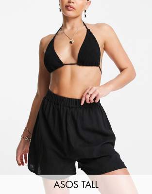 Asos Tall Asos Design Tall Natural Beach Shorts In Black In Black