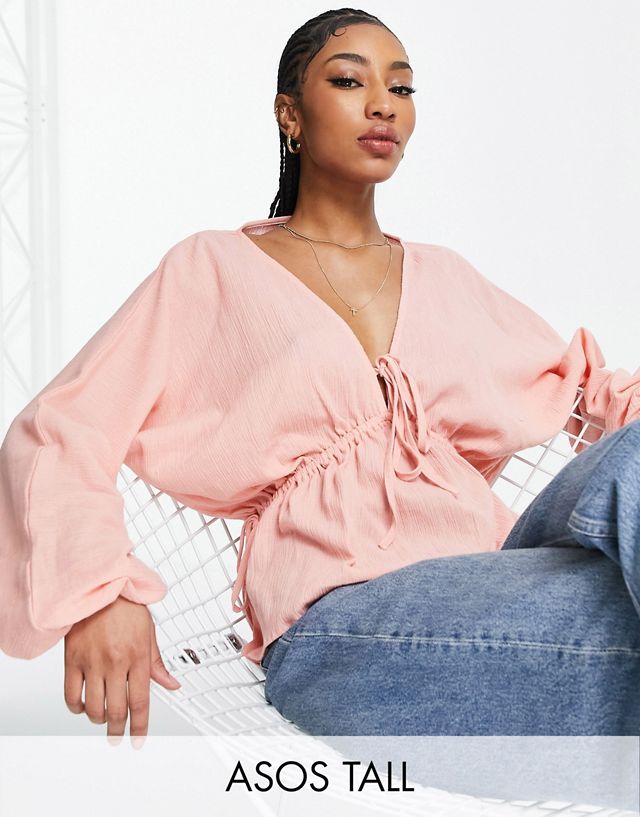 ASOS DESIGN Tall natural crinkle top with side ties in light pink