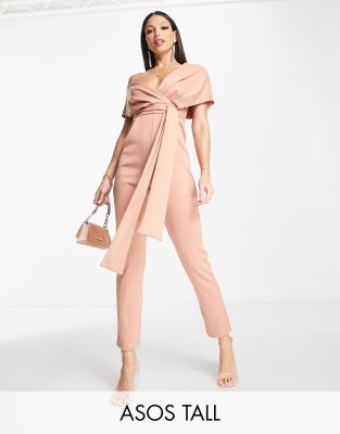 ASOS DESIGN Tall - Neopren-Jumpsuit in Blush mit überschnittenen Schultern-Rosa