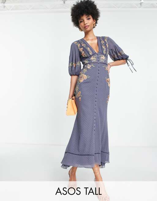 ASOS DESIGN Tall - Nette midi-jurk met geborduurde bloemen en strikjes in blauw