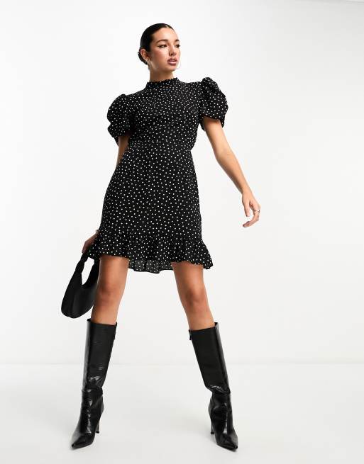 ASOS DESIGN Tall Nette mini-jurk met opstaande hals en pofmouwen