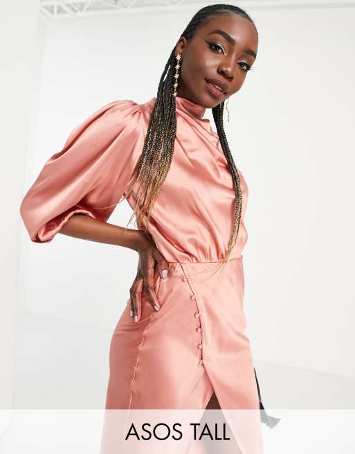 ASOS DESIGN Tall - Nette, satijnen midi jurk met gedrapeerde halslijn en pofmouwen in oudroze