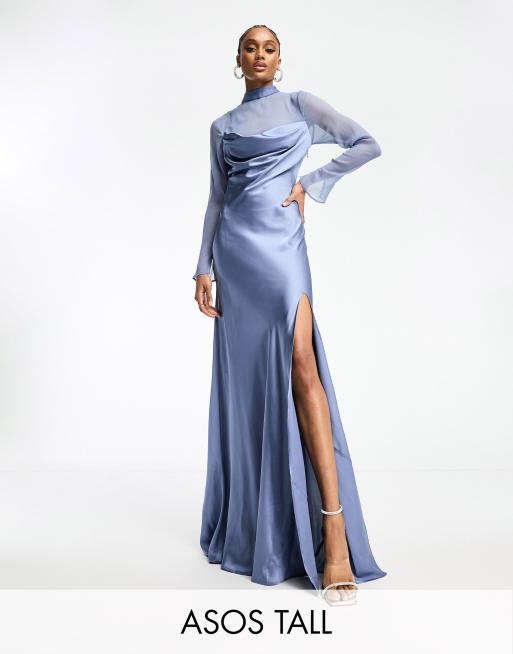 ASOS DESIGN Tall – Niebieska drapowana satynowa sukienka maxi z szyfonową wstawką