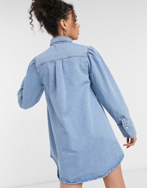 ASOS DESIGN Tall – Niebieska jeansowa sukienka koszulowa z bufiastymi rękawami Niebieski Kup Zakupy 