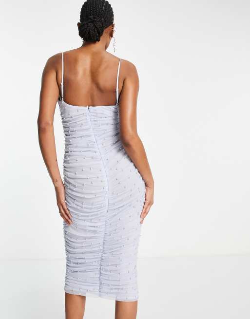 ASOS DESIGN Tall – Niebieska marszczona sukienka bodycon mini na  ramiączkach z siateczki w perełki | ASOS