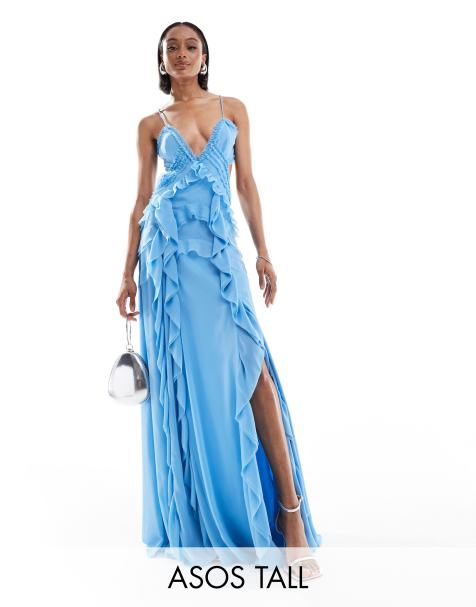 ASOS DESIGN Tall – Niebieska sukienka maxi na ramiączkach z falbankami i wycięciem - view 1
