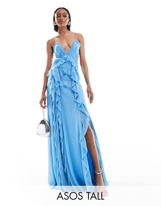 ASOS DESIGN Tall – Niebieska sukienka maxi na ramiączkach z falbankami i wycięciem
