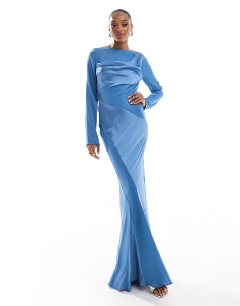 ASOS DESIGN Tall – Niebieska sukienka maxi z satyny i szyfonu z długim rękawem i drapowanym dekoltem - view 1