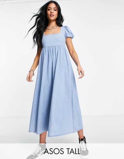 ASOS DESIGN Tall – Niebieska sukienka midi w stylu babydoll z miękkiego denimu