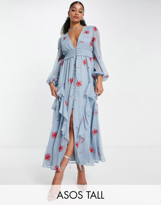 ASOS DESIGN Tall – Niebieska zapinana na guziki sukienka midi z marszczoną talią i haftowanym wzorem