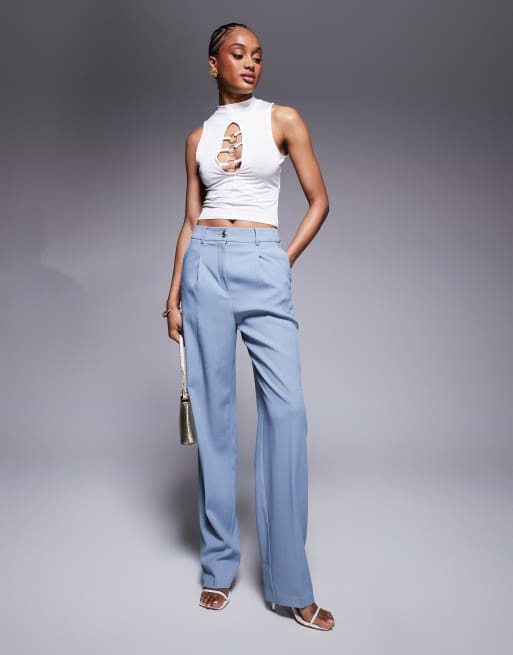 ASOS DESIGN Tall – Niebieskie eleganckie spodnie z szerokimi nogawkami i zapięciem na guzik w kolorze złota