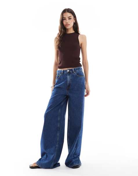 ASOS DESIGN Tall high waist wide leg jeans in midwash blue