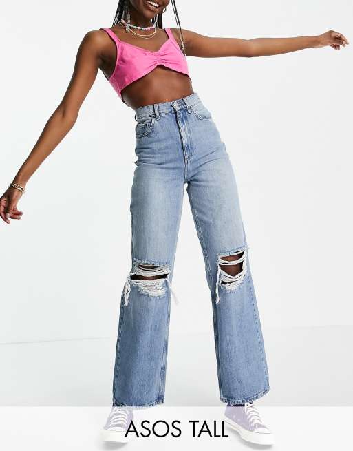 ASOS DESIGN Tall – Niebieskie luźne jeansy typu dad z podwyższonym stanem i rozdarciami z mieszanki bawełny – MBLUE