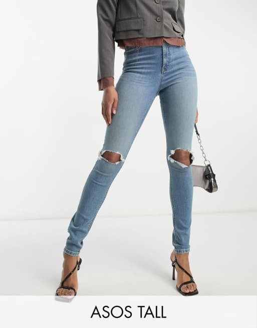 ASOS DESIGN Tall – Niebieskie obcisłe jeansy z rozdarciami na kolanach