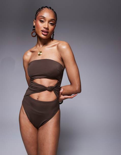 ASOS DESIGN Tall Nina knot swimsuit in chocolate brown - view 1