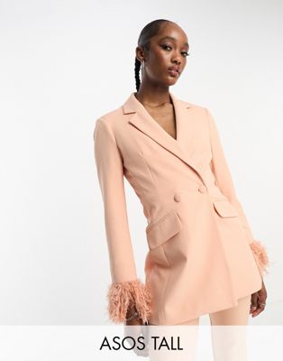 Asos Tall Asos Design Tall Nipped Waist Tuxedo Suit Blazer With Fringe Cuff In Apricot-no Color