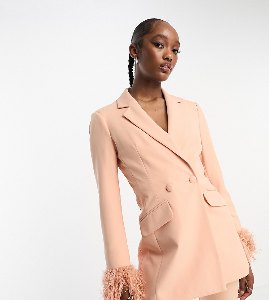 ASOS DESIGN Tall nipped waist tuxedo suit blazer with fringe cuff in apricot-No colour