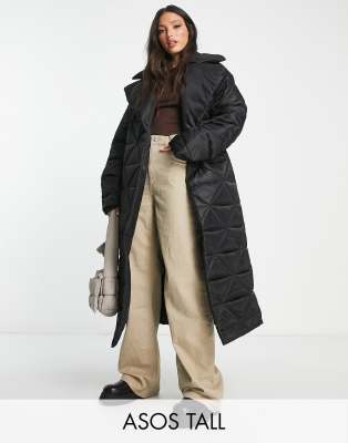 ASOS DESIGN Tall ruched sleeve maxi puffer coat in brown