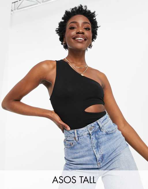 ASOS DESIGN Tall – Oberteil mit One-Shoulder-Träger und Zierausschnitt in Schwarz