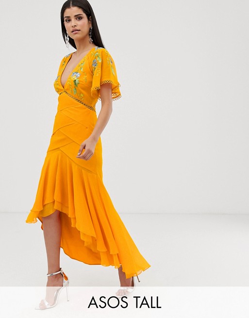 ASOS DESIGN Tall occasion maxi dress with circle trims and embroidery