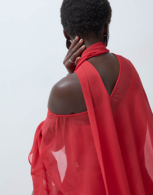 ASOS DESIGN Tall off shoulder chiffon cape mini dress with scarf in red, 3 of 5