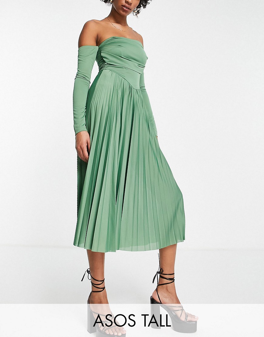 ASOS DESIGN Tall off-shoulder corset detail pleated midi dress in sage-Red